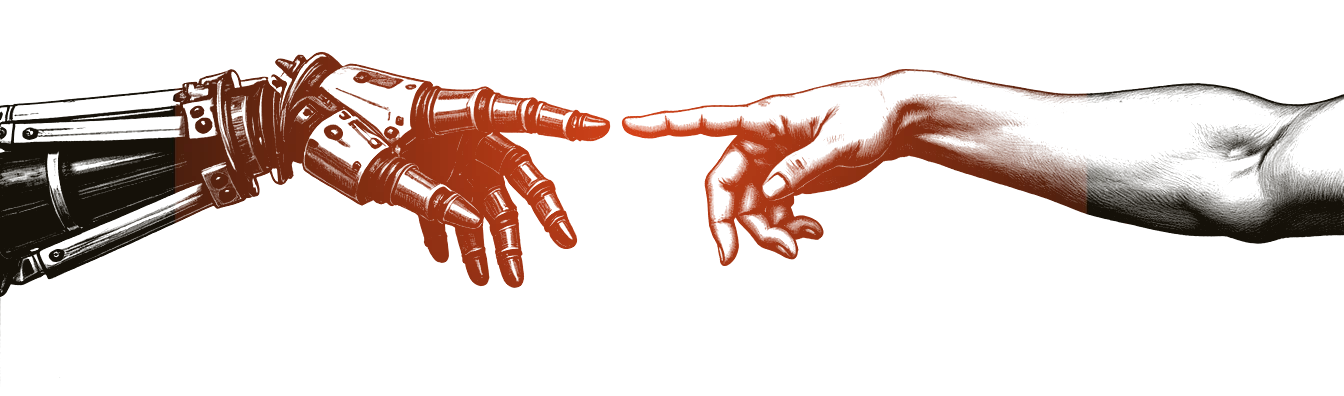 A robotic hand and a human hand reaching toward each other, fingertips nearly touching